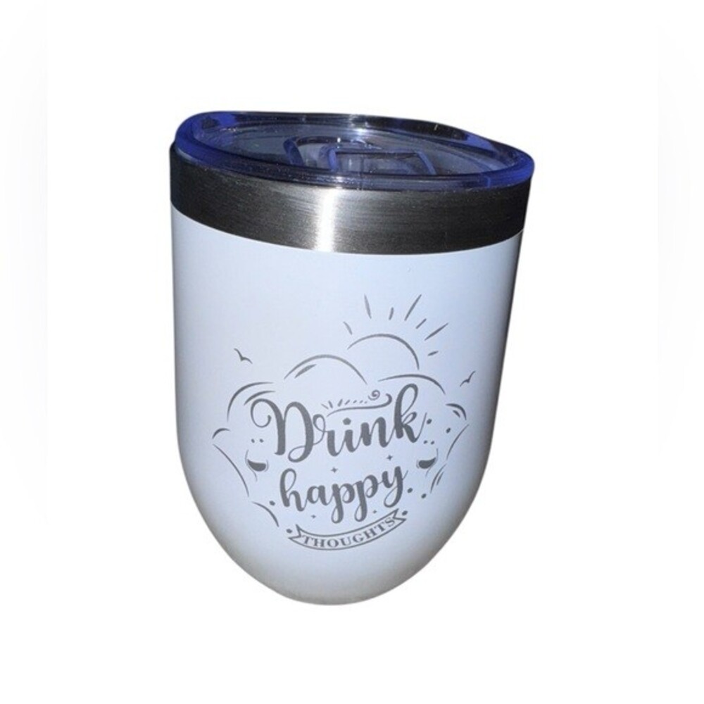 ★ Drink Happy Thoughts White Stainless Steel Wine Tumbler With Lid